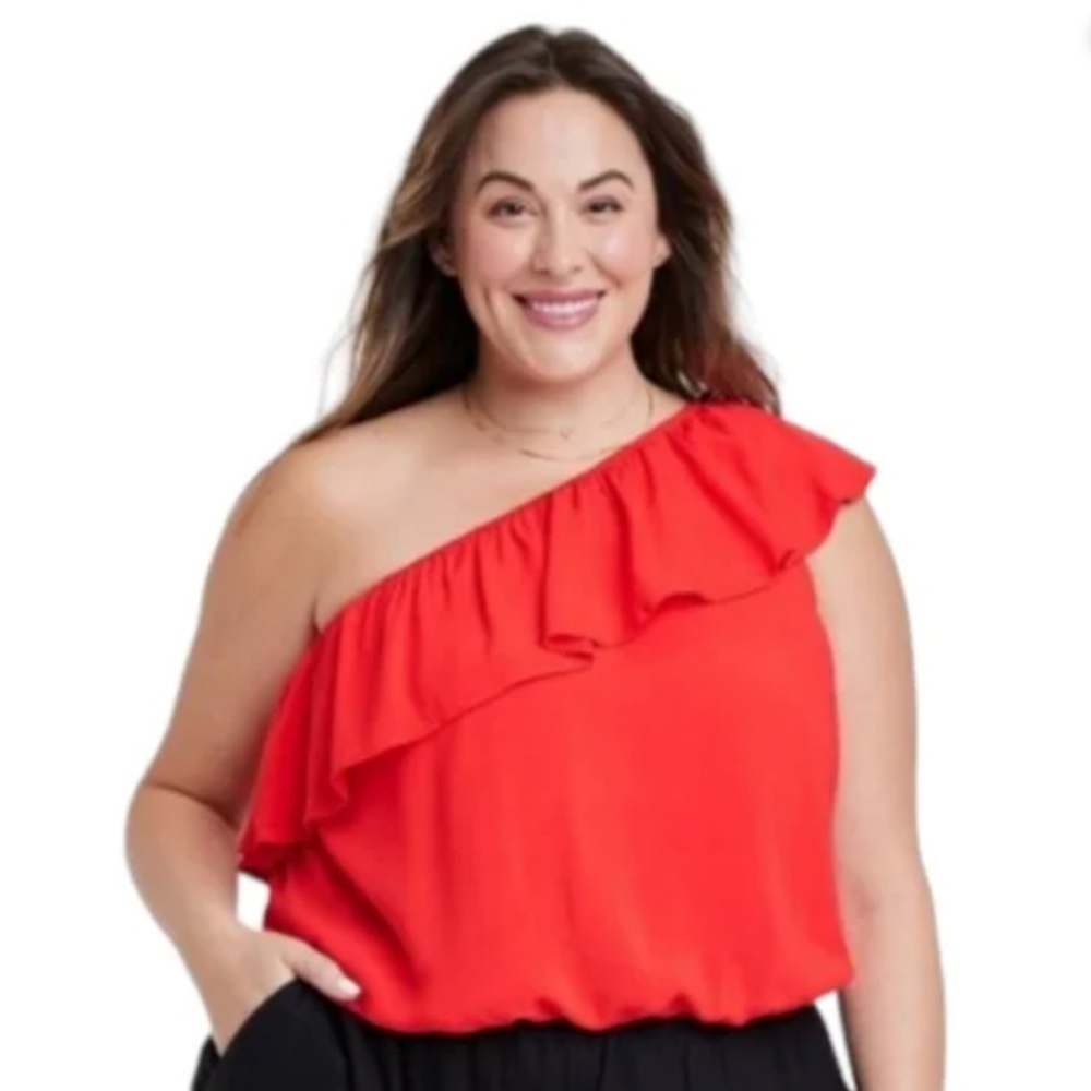 Ava & Viv Red One Shoulder Ruffle Top Blouse